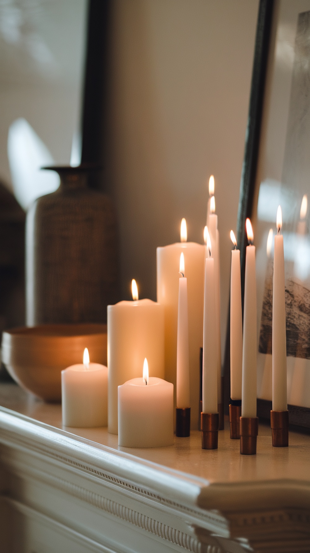 An elegant arrangement of white candles in various heights on a mantel, creating a warm atmosphere.