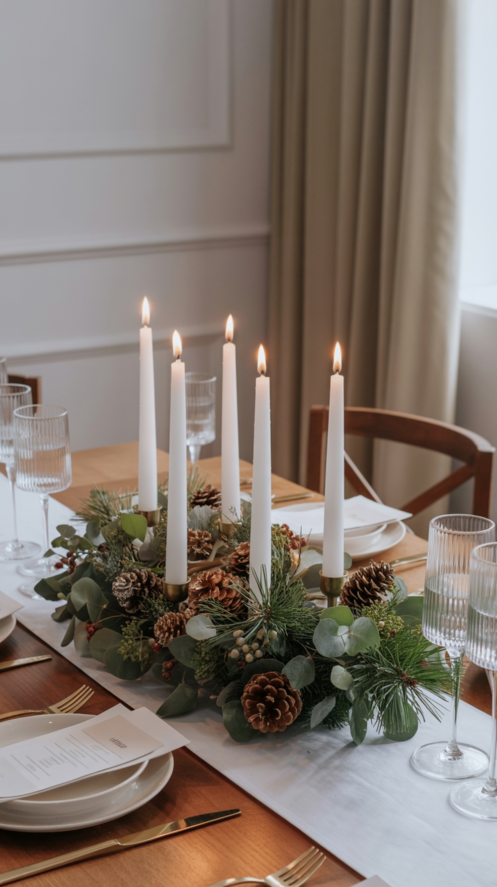 A beautifully decorated Christmas dining table centerpiece with white candles, pinecones, and seasonal foliage.