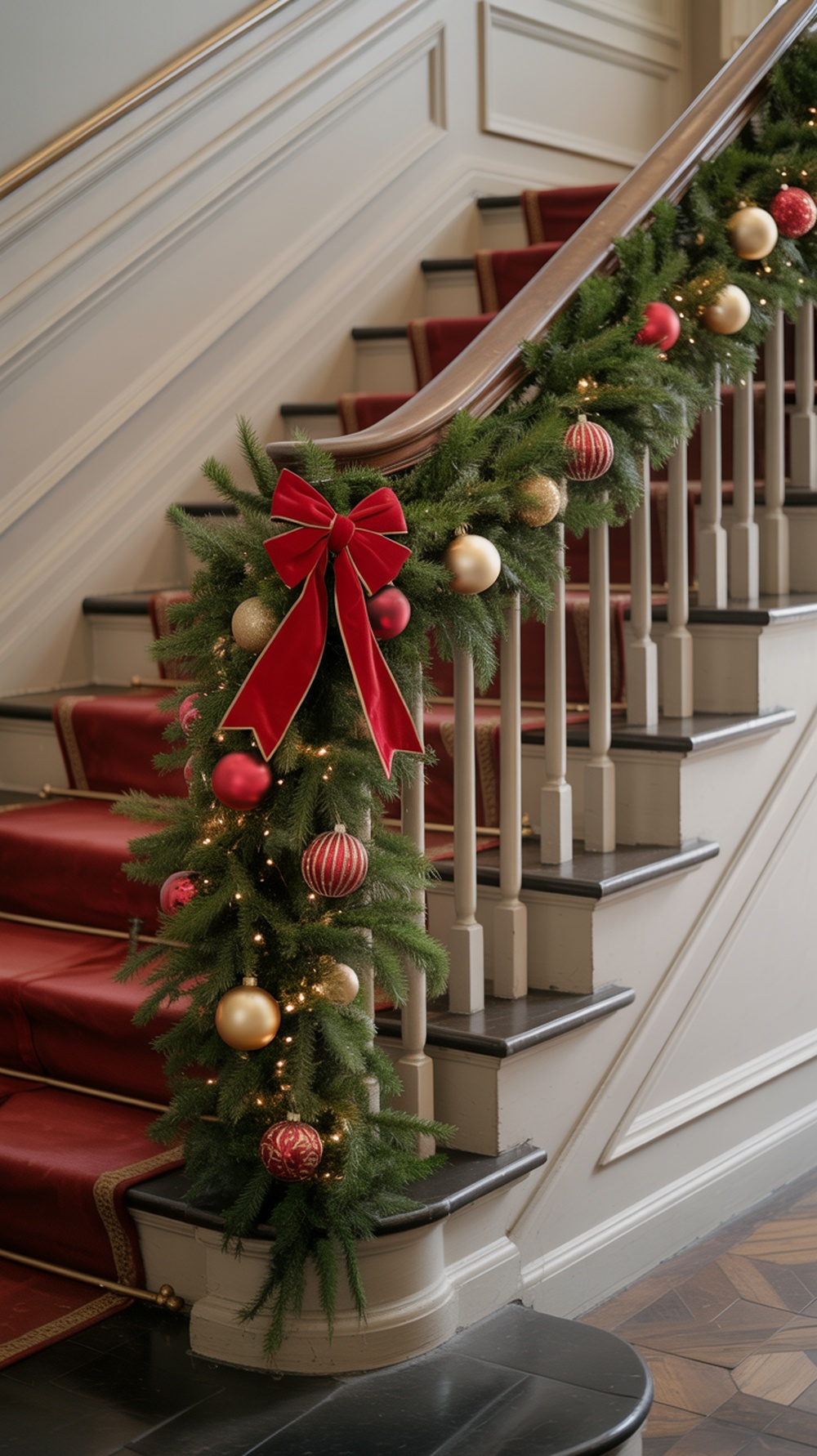 A beautifully decorated staircase with a garland draped over the banister, featuring red and gold ornaments and a red bow.