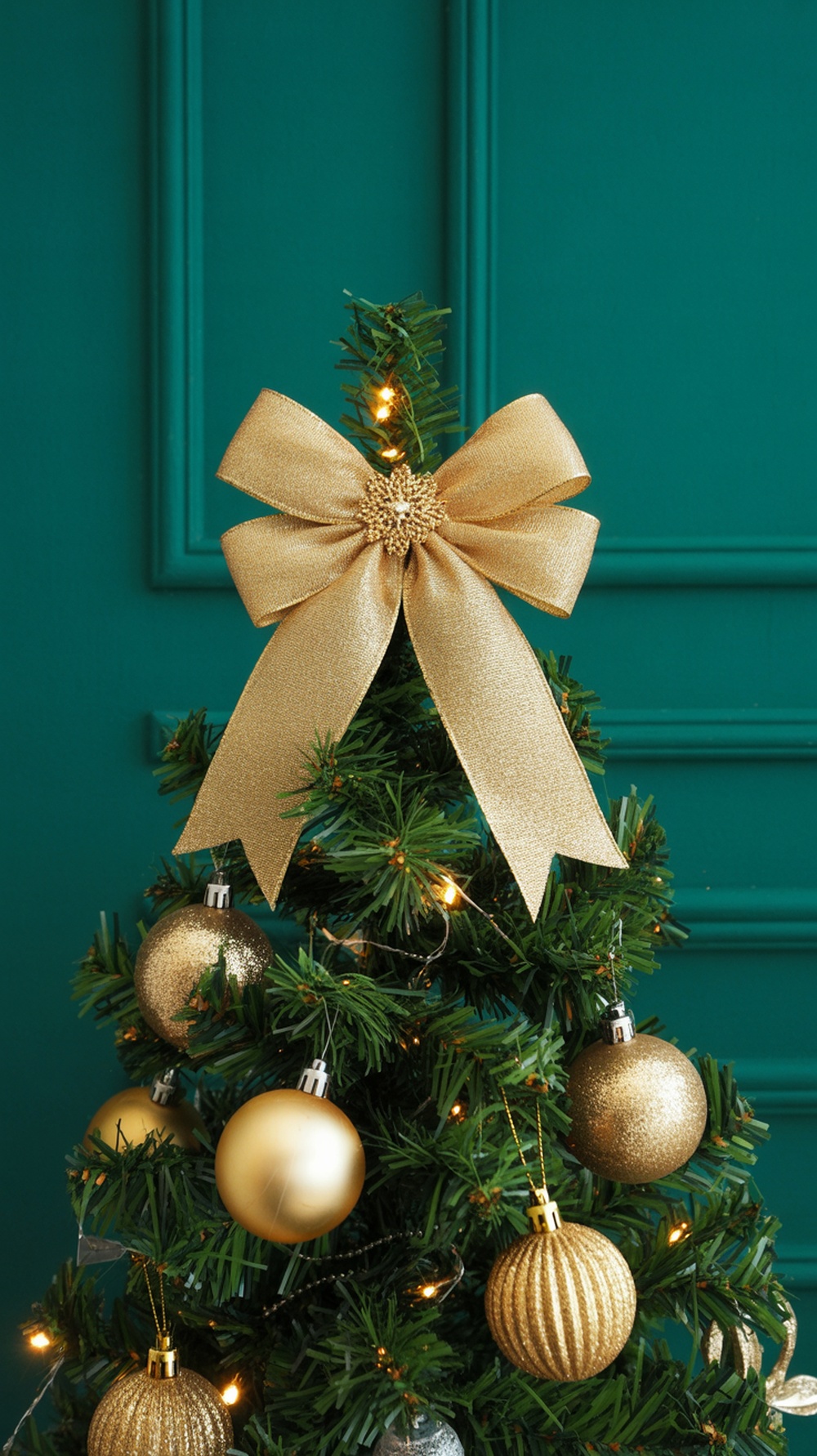 A Christmas tree topped with a large gold bow, surrounded by gold ornaments.