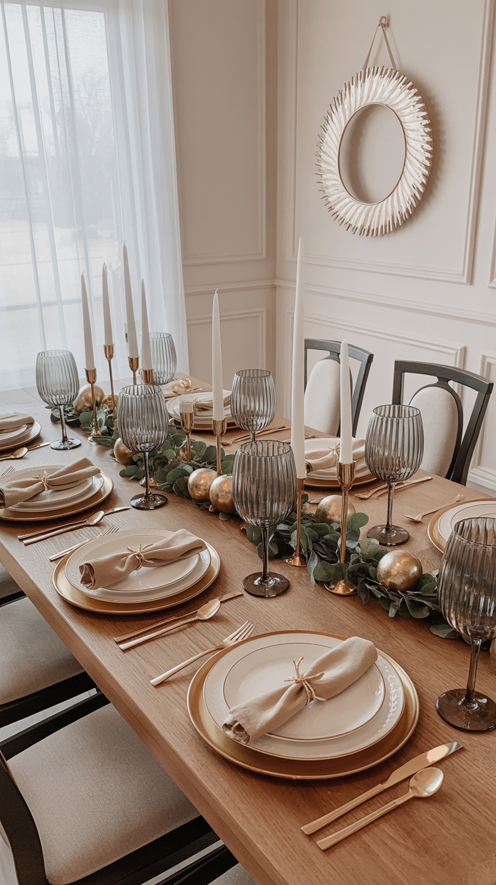 A beautifully set Thanksgiving table featuring metallic accents, gold plates, and a lush greenery centerpiece.