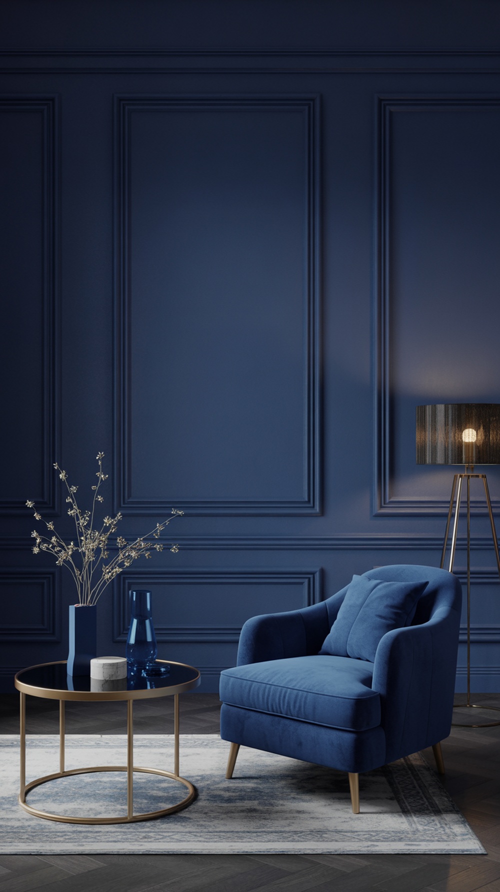 A navy living room with a plush armchair, gold accents, and a stylish coffee table.