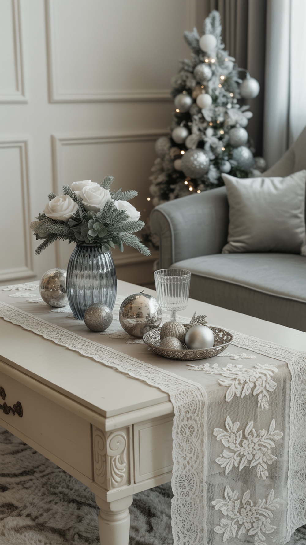 A coffee table decorated with a silver and white theme for Christmas, featuring white roses, silver ornaments, and a lace table runner.