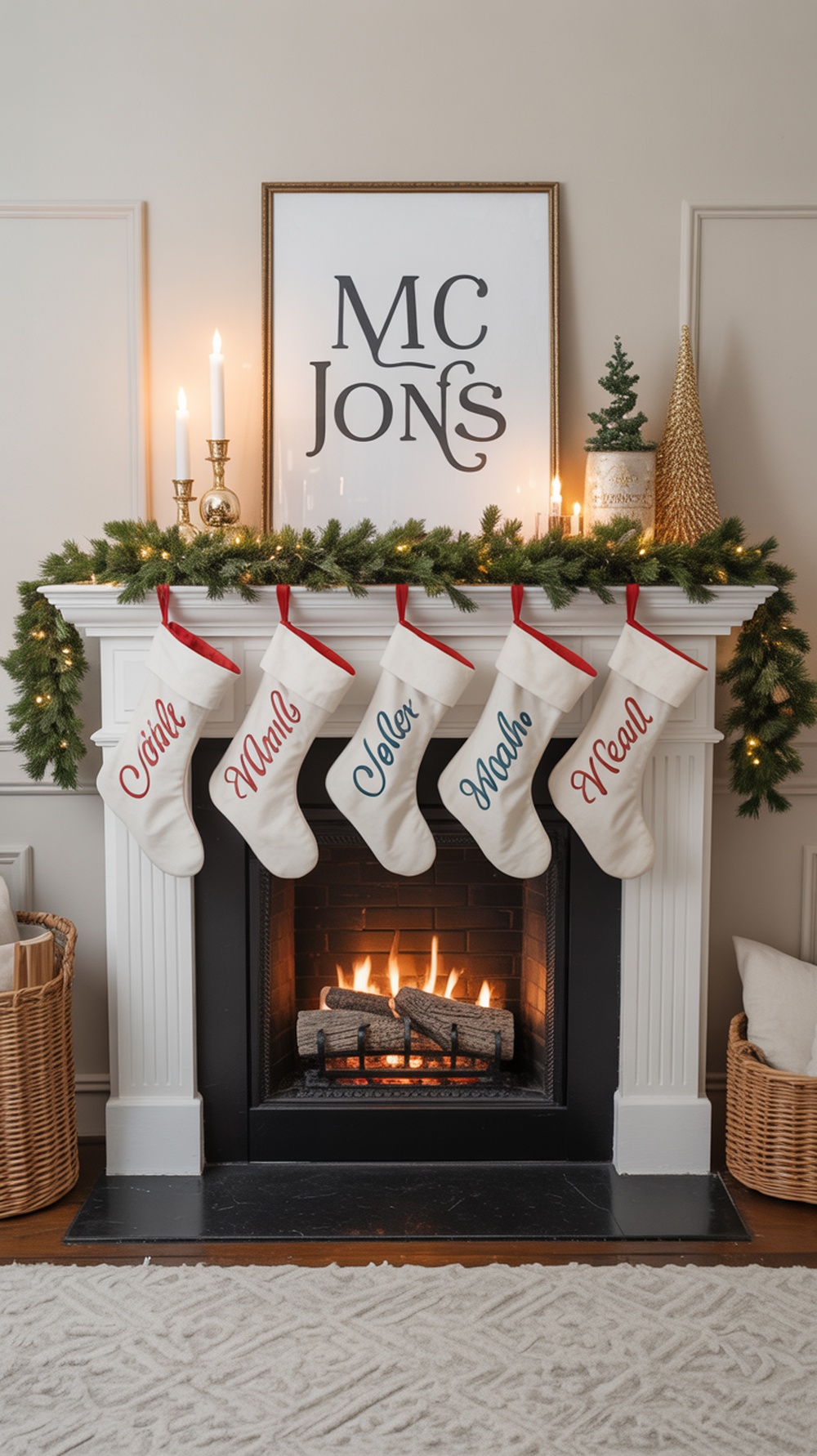 A beautifully decorated fireplace mantel with personalized stockings, a warm fire, and festive decor.