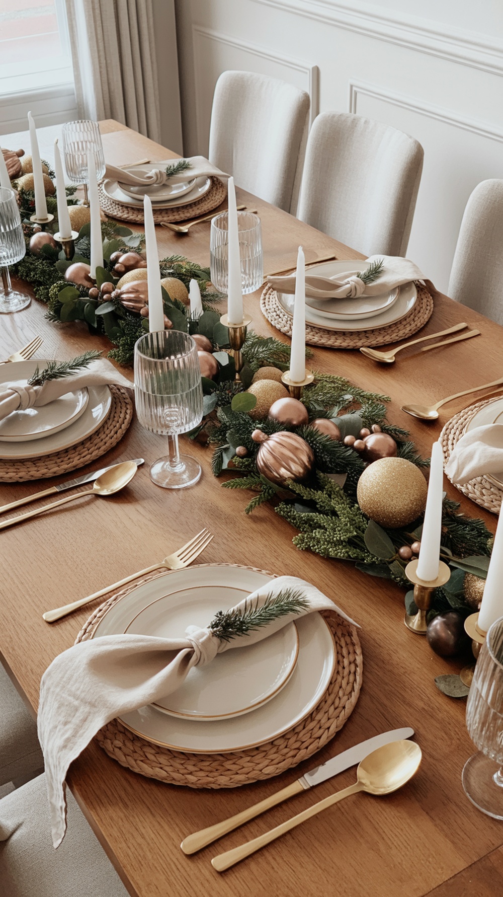 A beautifully arranged table setting featuring a garland centerpiece, gold and bronze ornaments, woven placemats, white plates with gold rims, and golden cutlery.