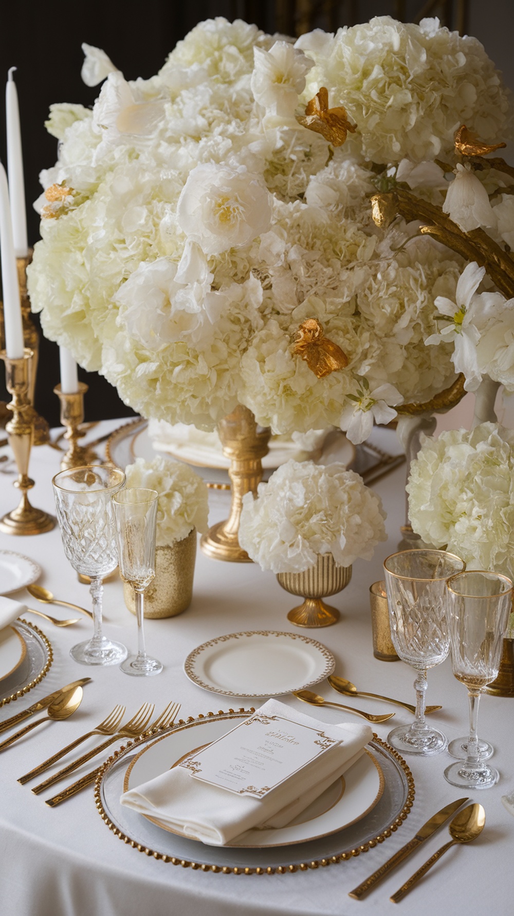 A beautifully arranged Thanksgiving table featuring white flowers and gold accents.