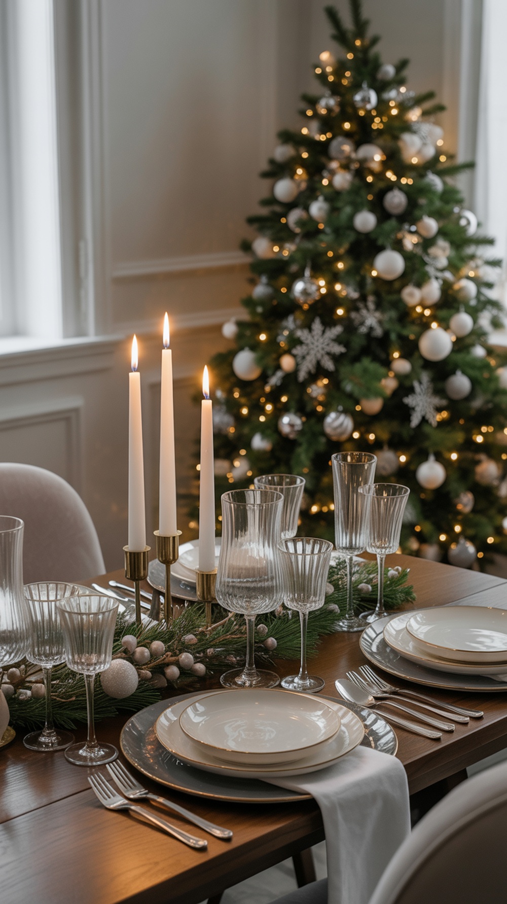 Elegant white and silver table setting with candles, glassware, and a Christmas tree in the background.