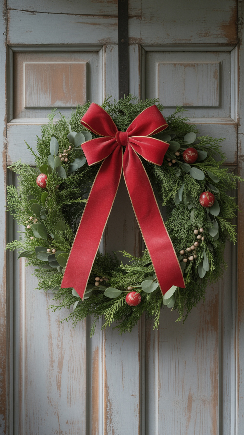 A festive evergreen wreath with a red bow and ornaments, hanging on a wooden door.