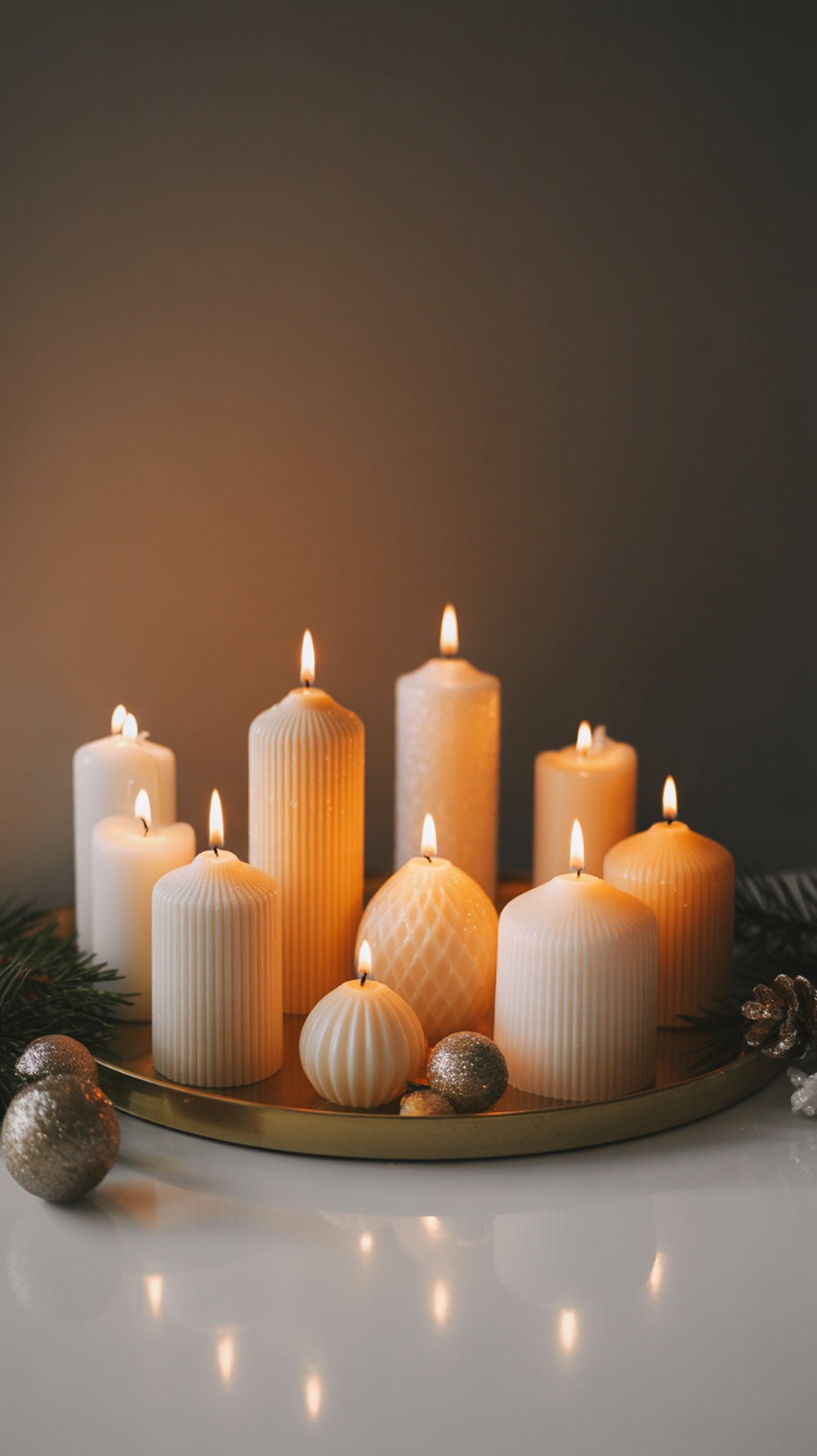 A collection of white candles in various shapes and sizes, glowing softly on a decorative tray with festive ornaments.