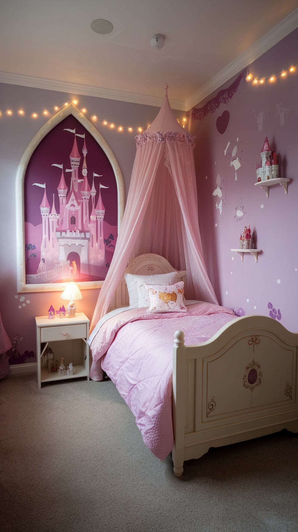 A small kid's bedroom featuring a fairytale castle mural, pink bedding, and a canopy over the bed.