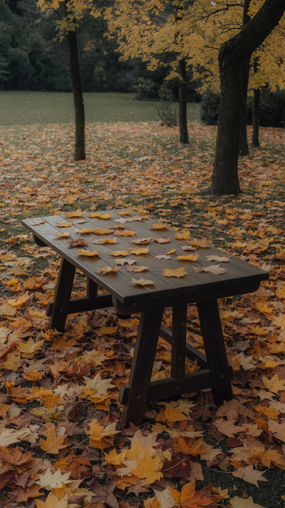 A rustic wooden table adorned with colorful fallen leaves, set in a park surrounded by trees.