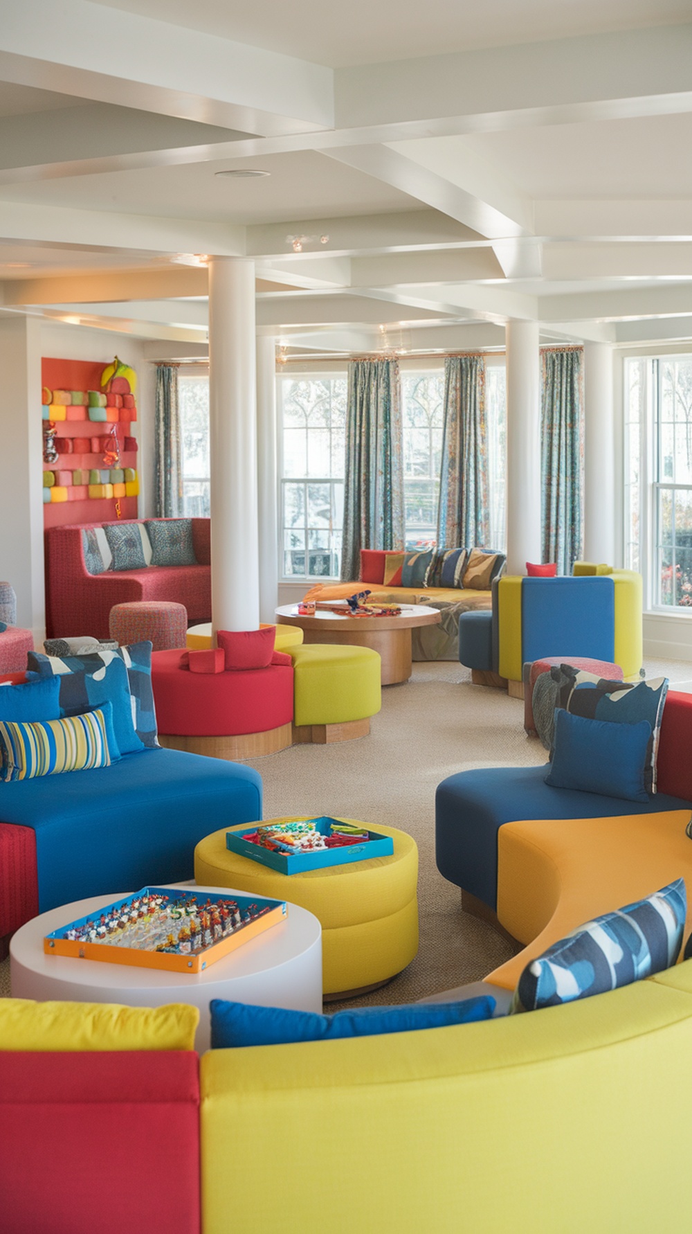 A colorful family-friendly living room with soft seating and games.