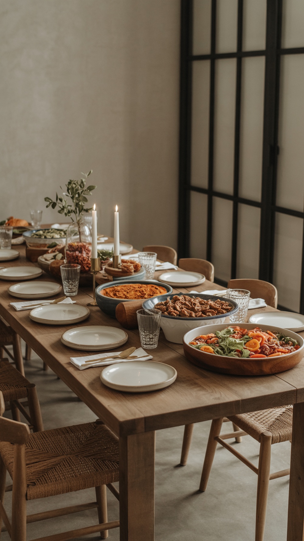 A rustic Thanksgiving table set for family-style serving with various dishes and candles.