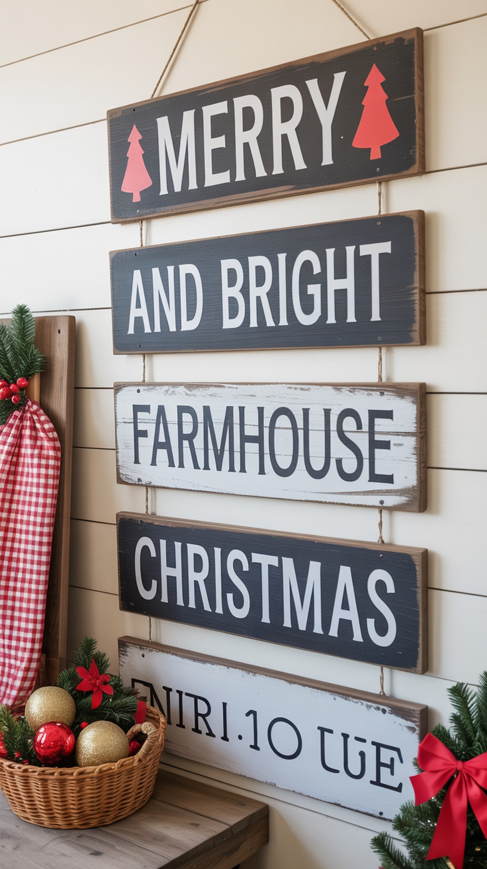 A collection of holiday signs that say 'Merry and Bright,' 'Farmhouse,' and 'Christmas' with festive decorations.