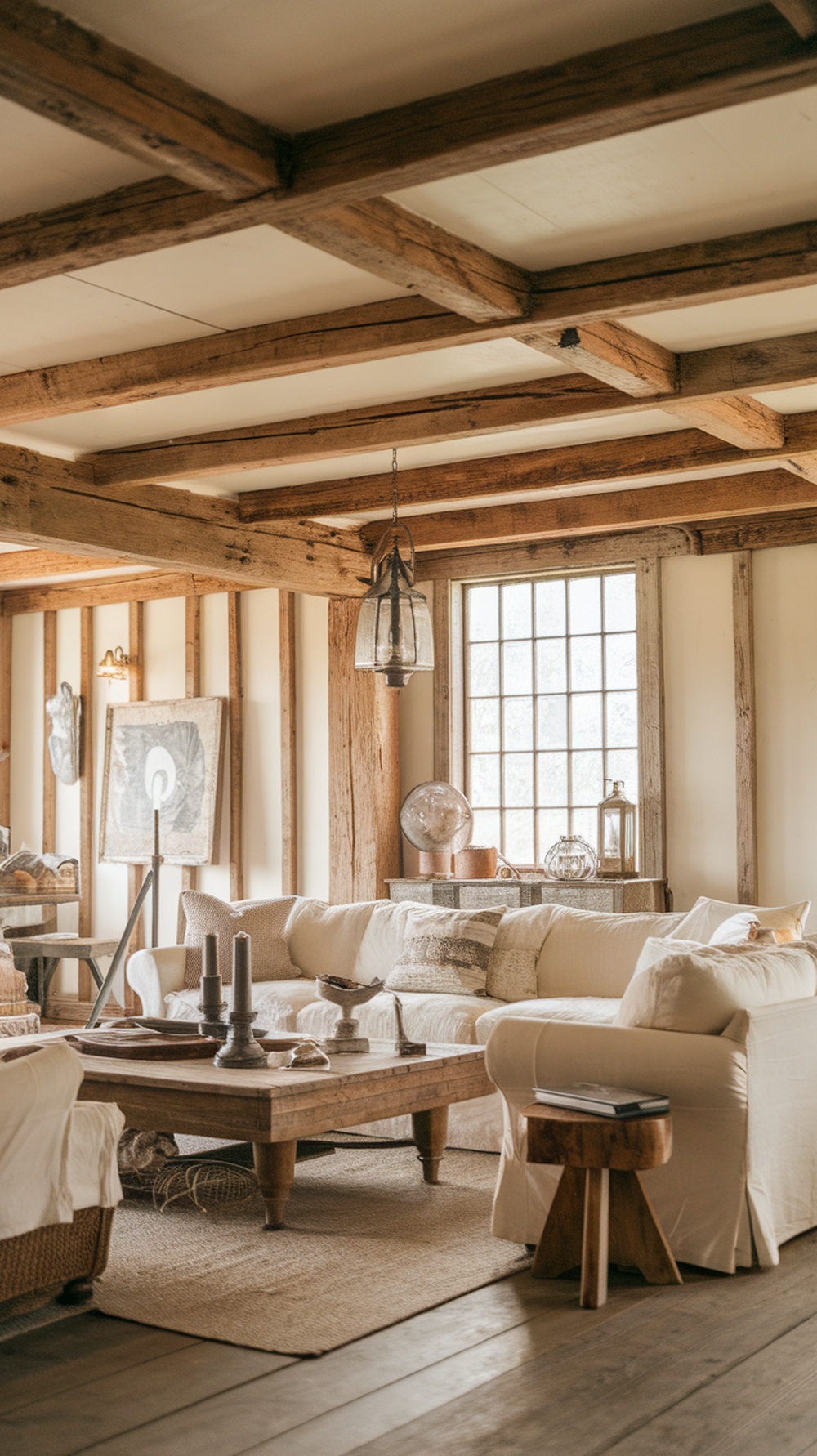 Cozy farmhouse living room with wooden beams, soft sofa, and rustic decor.