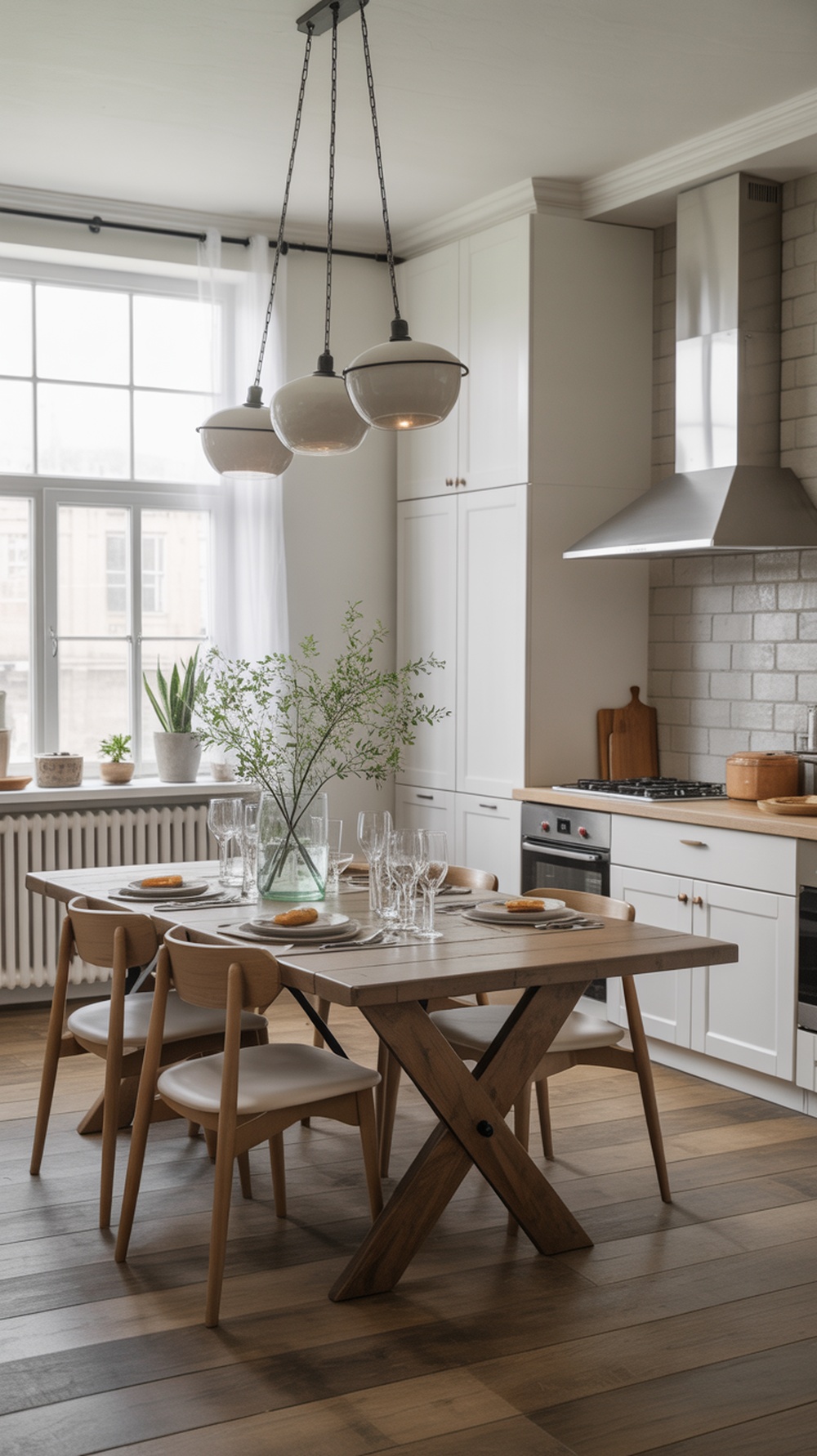A modern farmhouse kitchen featuring a wooden dining table with chairs, a vase of greenery, and a bright window.