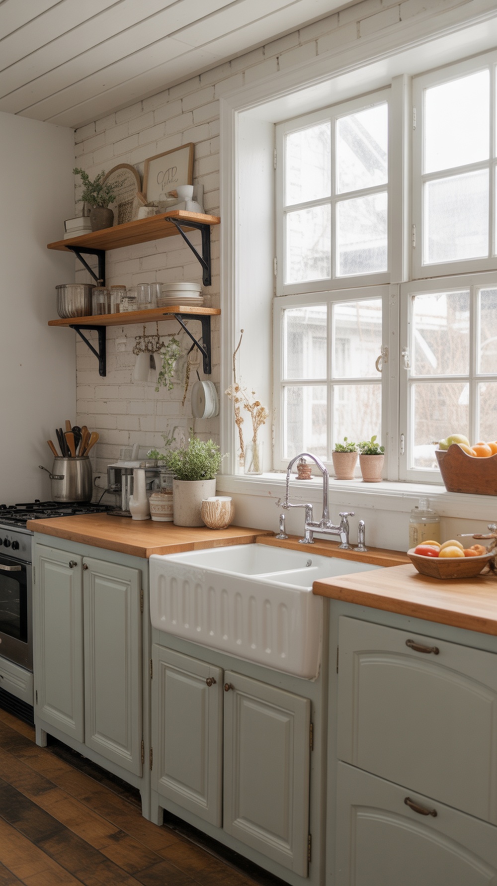 A modern farmhouse kitchen featuring a white farmhouse sink, green cabinets, wooden countertops, and vintage accents.