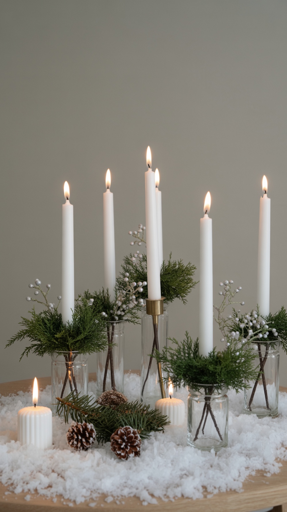 A cozy holiday table arrangement with white candles, faux snow, pinecones, and greenery.