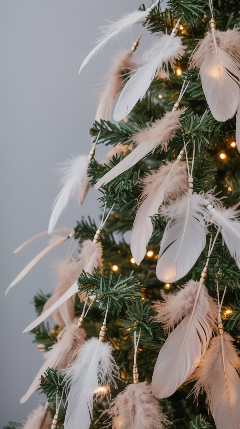 A Christmas tree decorated with white and blush feathers, creating a whimsical holiday look.
