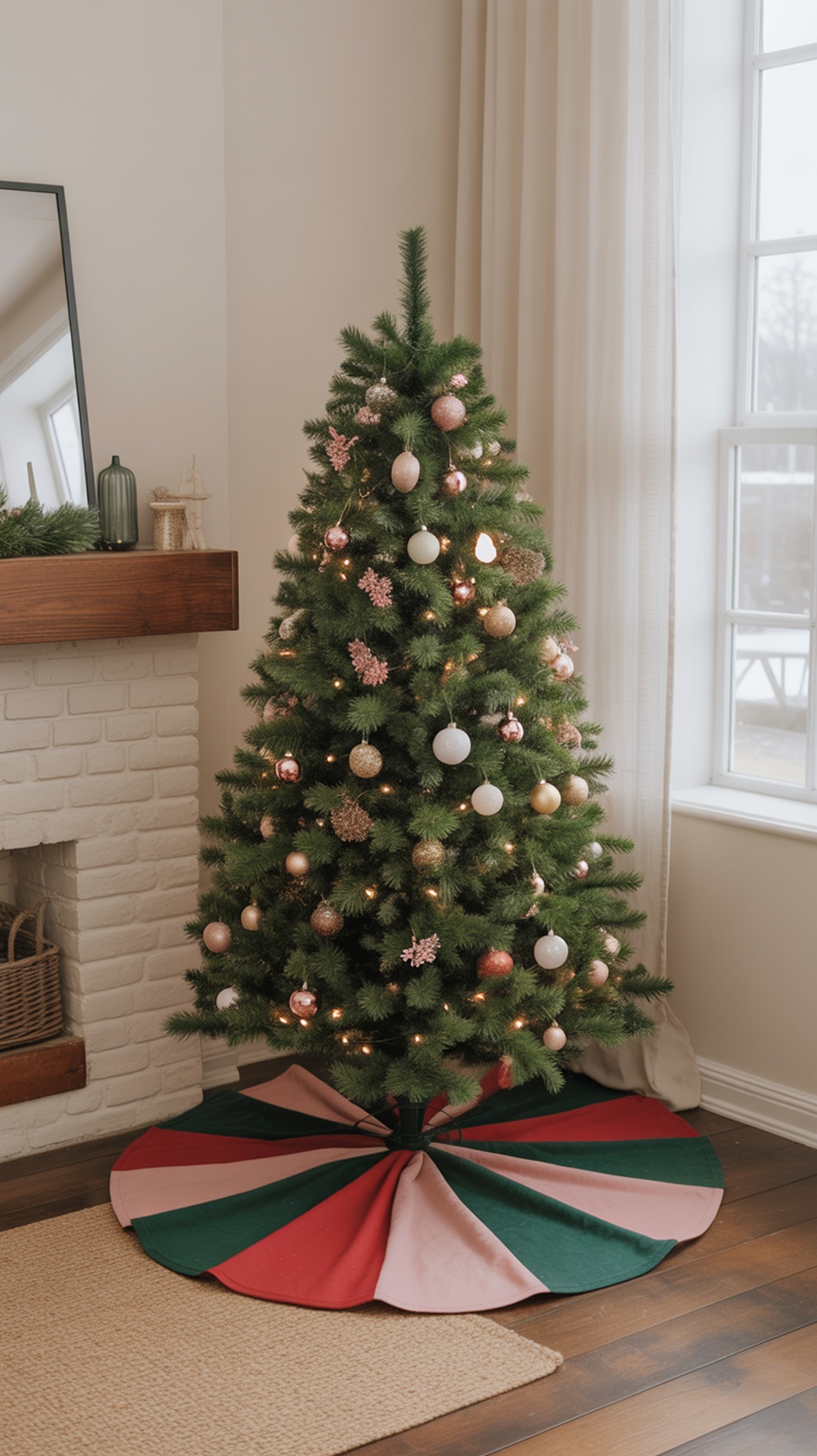 A Christmas tree with ornaments on a colorful felt tree skirt
