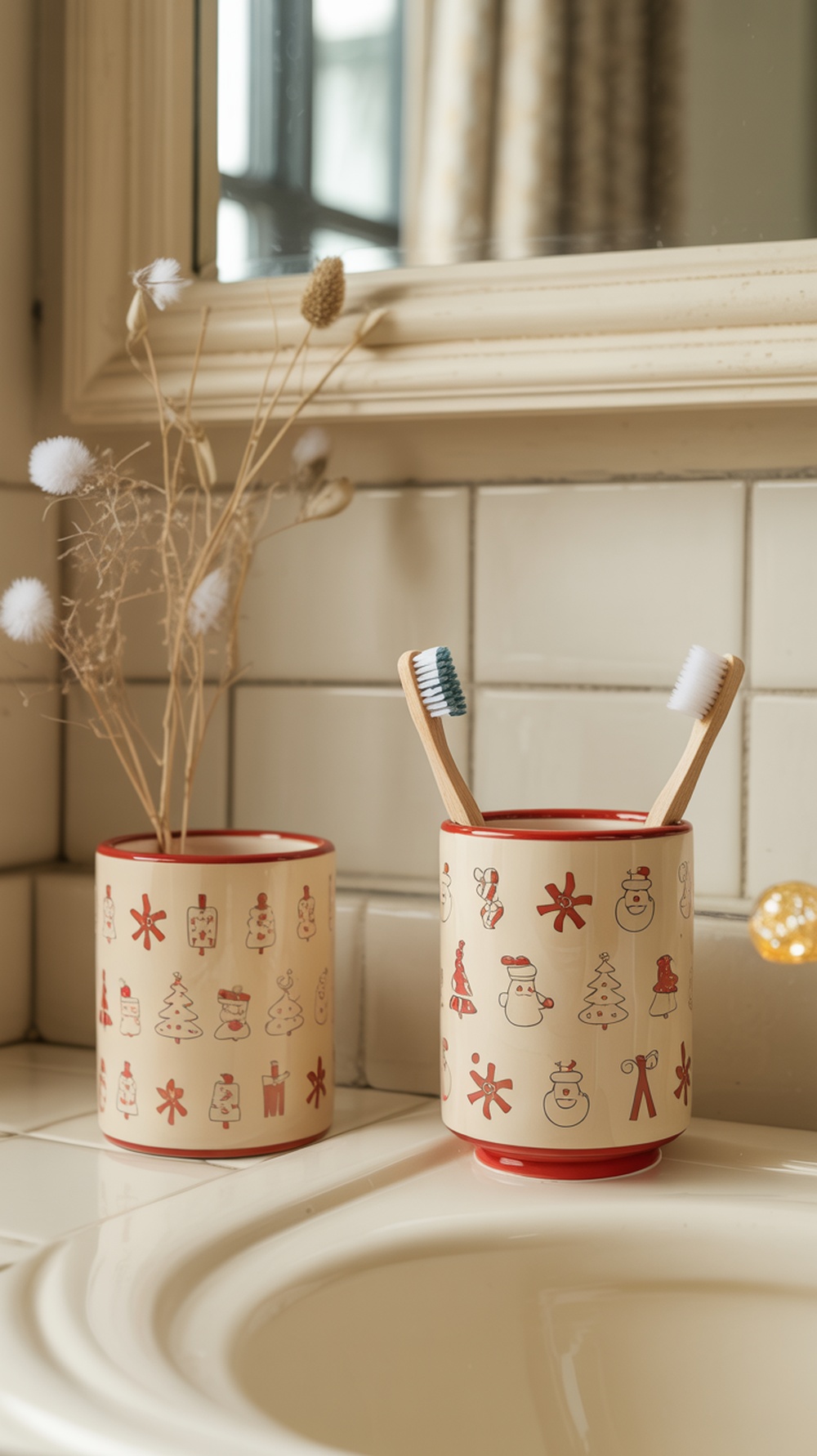 Two festive ceramic holders with Christmas designs on a bathroom counter