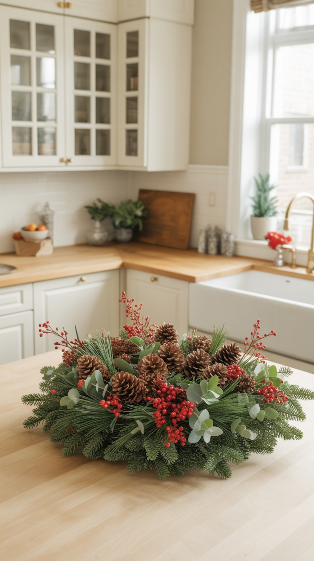 A festive centerpiece made of fresh greens, pinecones, and red berries on a kitchen island.