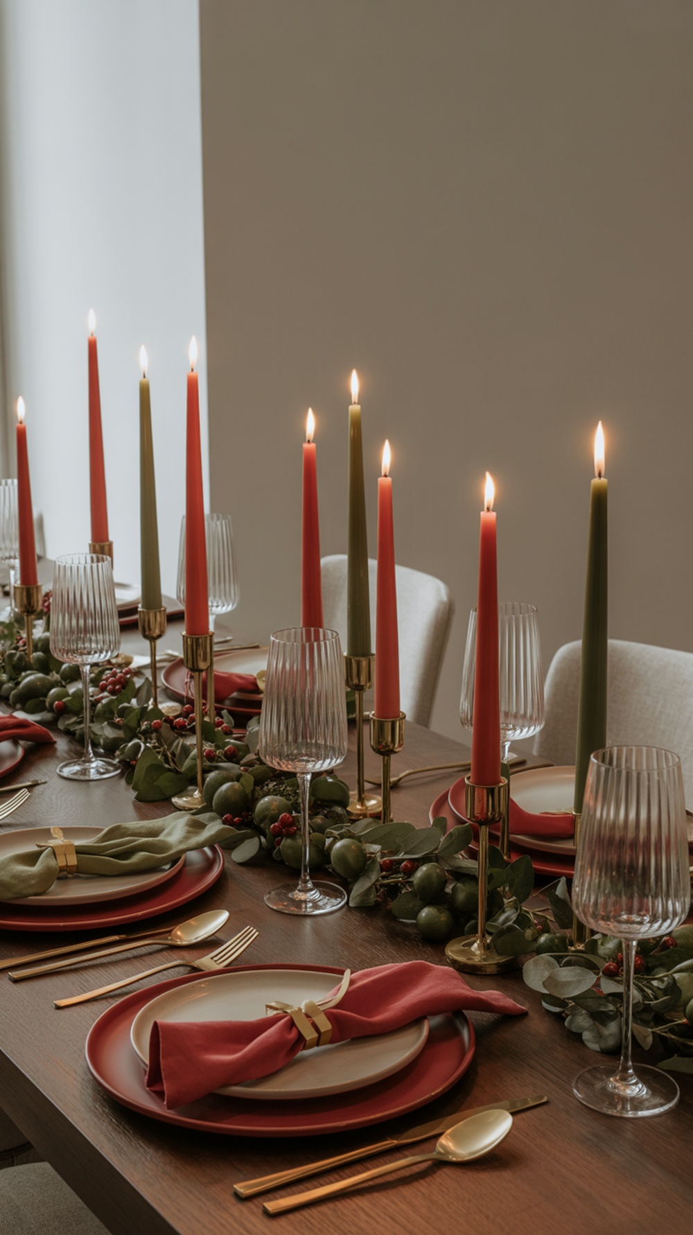 A beautifully decorated Christmas dining table featuring red and green candles, elegant glassware, and a garland of greenery.