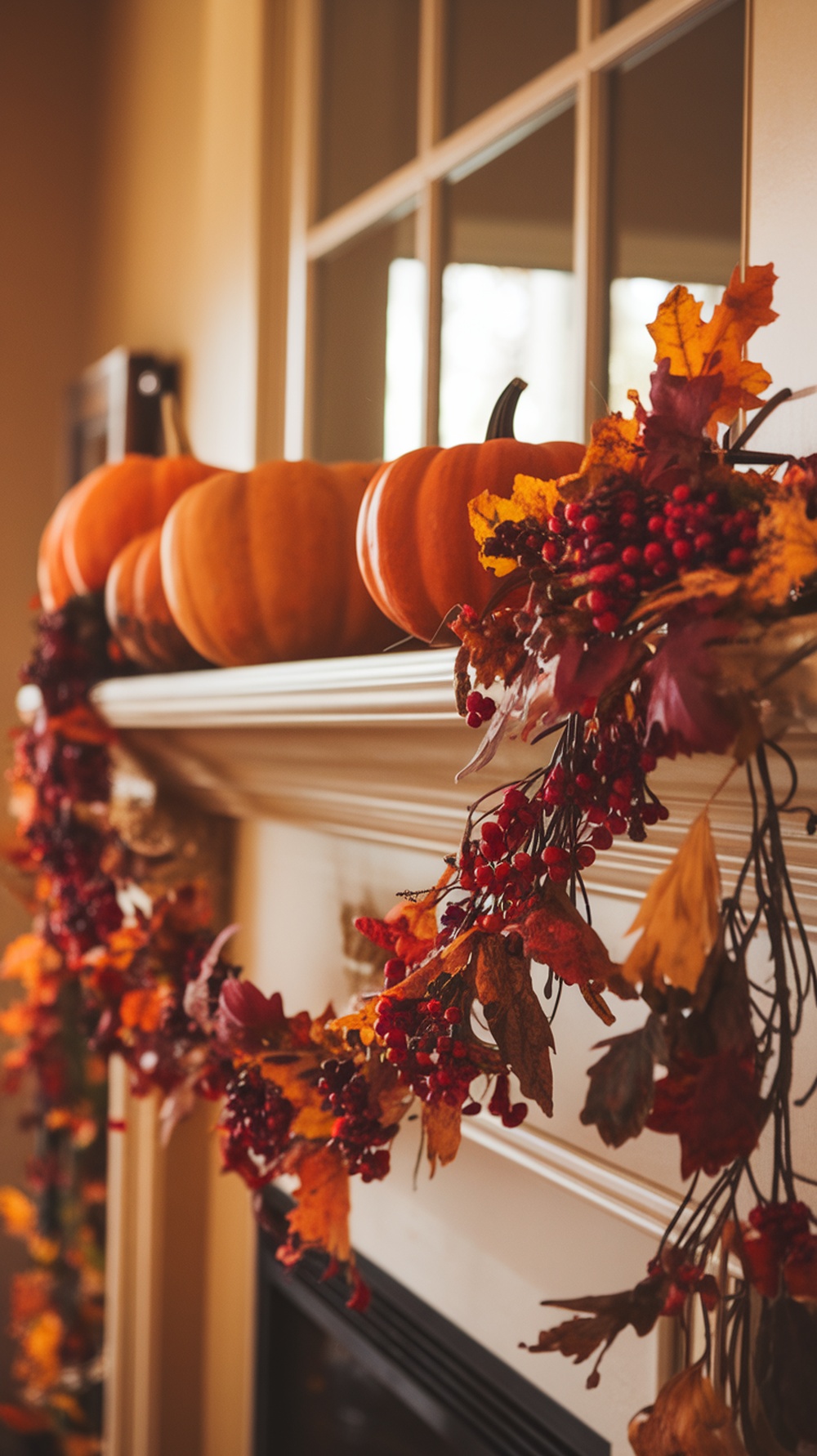 A beautifully decorated mantel with a festive garland featuring autumn leaves, berries, and pumpkins.