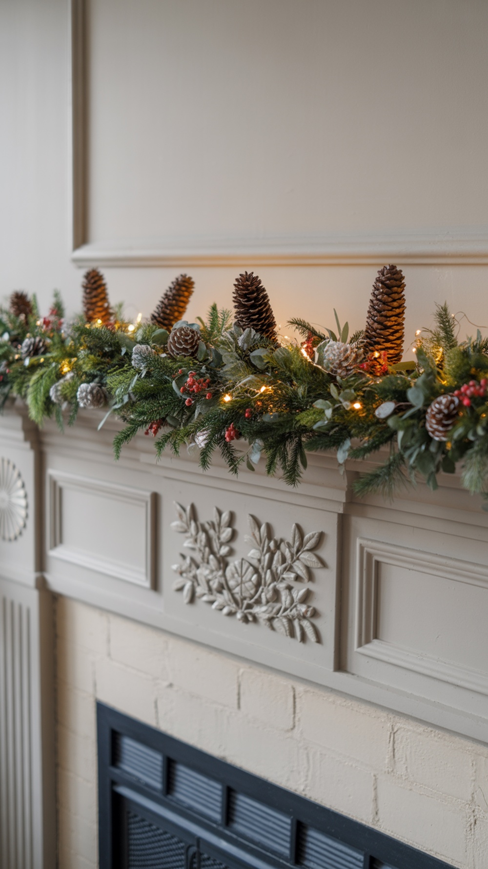 A beautifully decorated Christmas fireplace mantel with a garland featuring pinecones, greenery, and lights.
