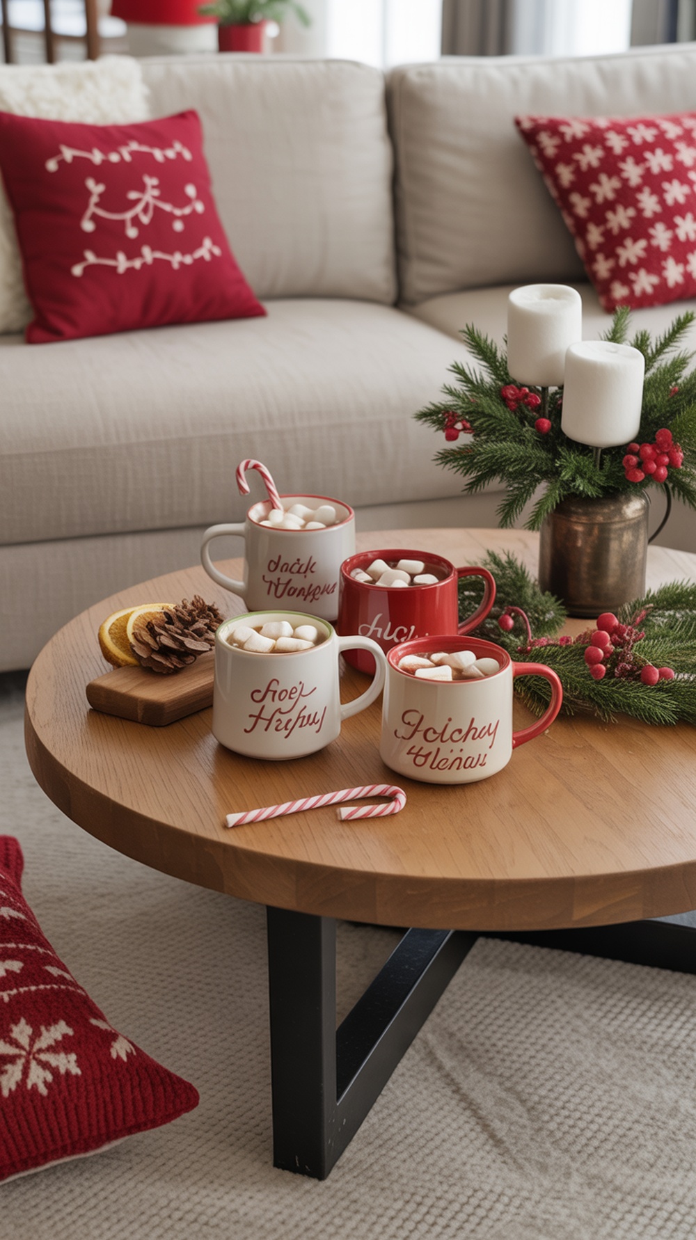 A cozy coffee table decorated with festive mugs, marshmallows, candy canes, and seasonal greenery.