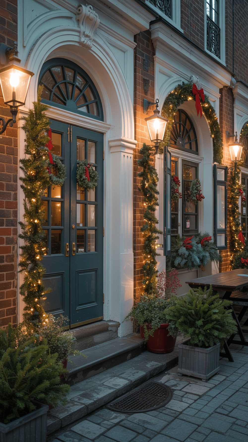 A beautifully decorated entryway with blue doors, wreaths, garlands, and festive lights.