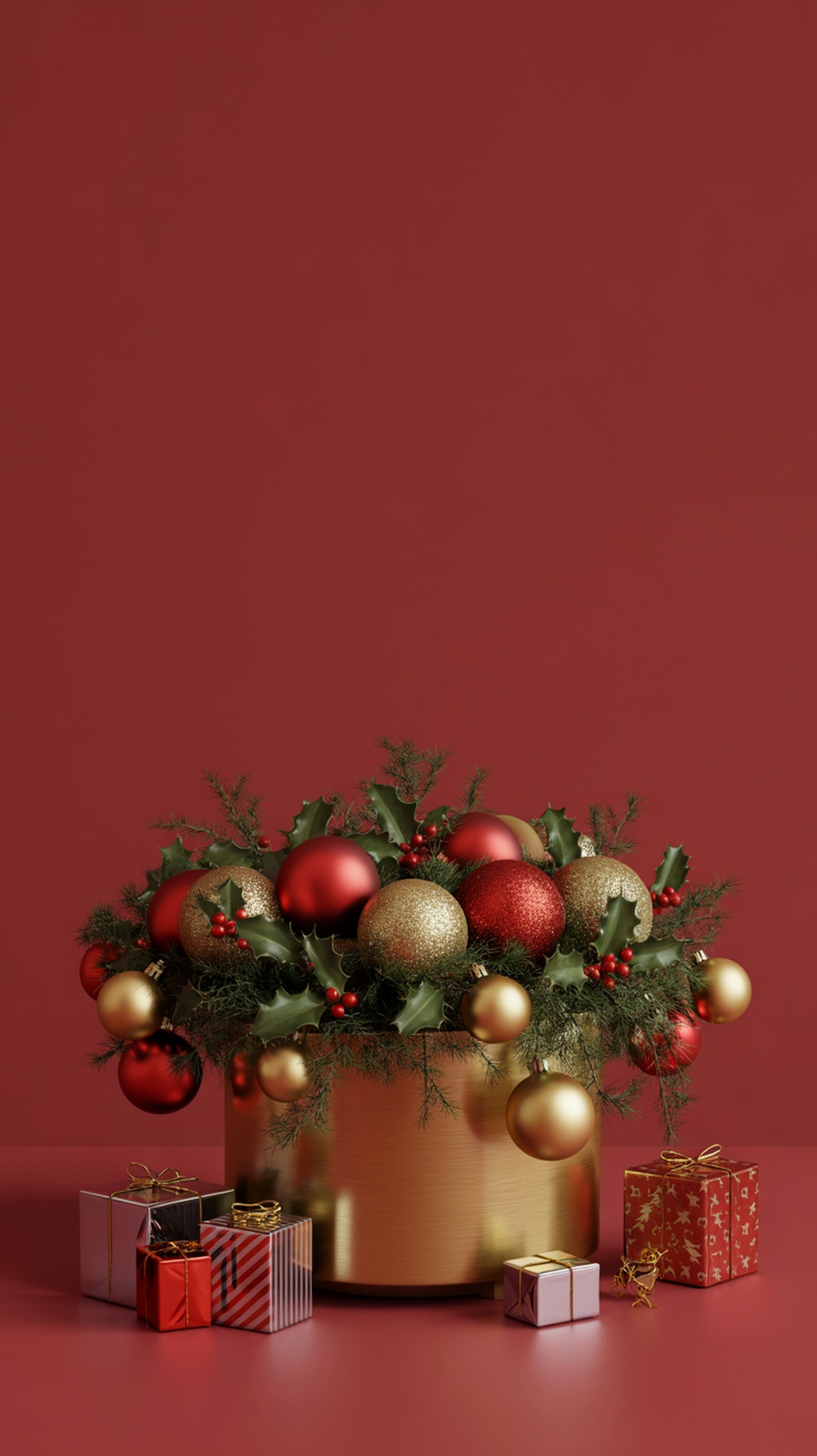 A festive red and gold planter arrangement with ornaments and greenery, surrounded by small wrapped gifts.