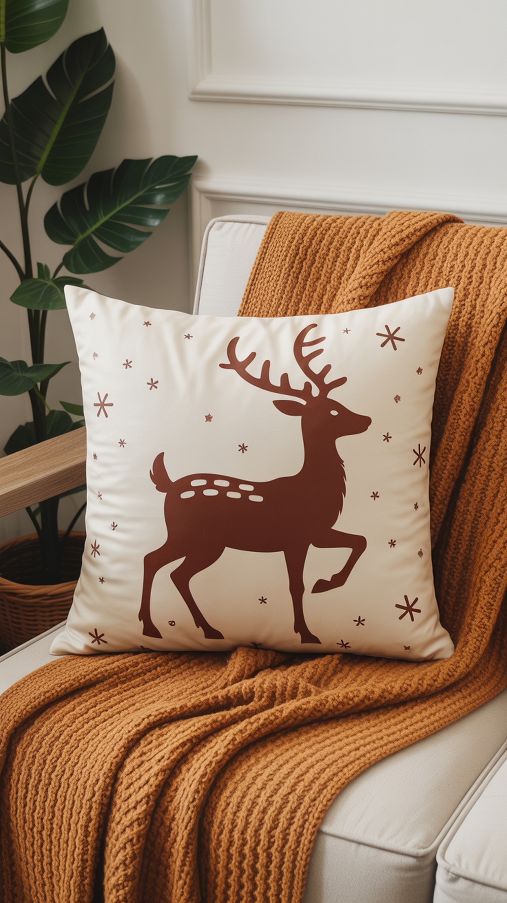 A throw pillow with a festive reindeer design, placed on a cozy chair with a knitted blanket.