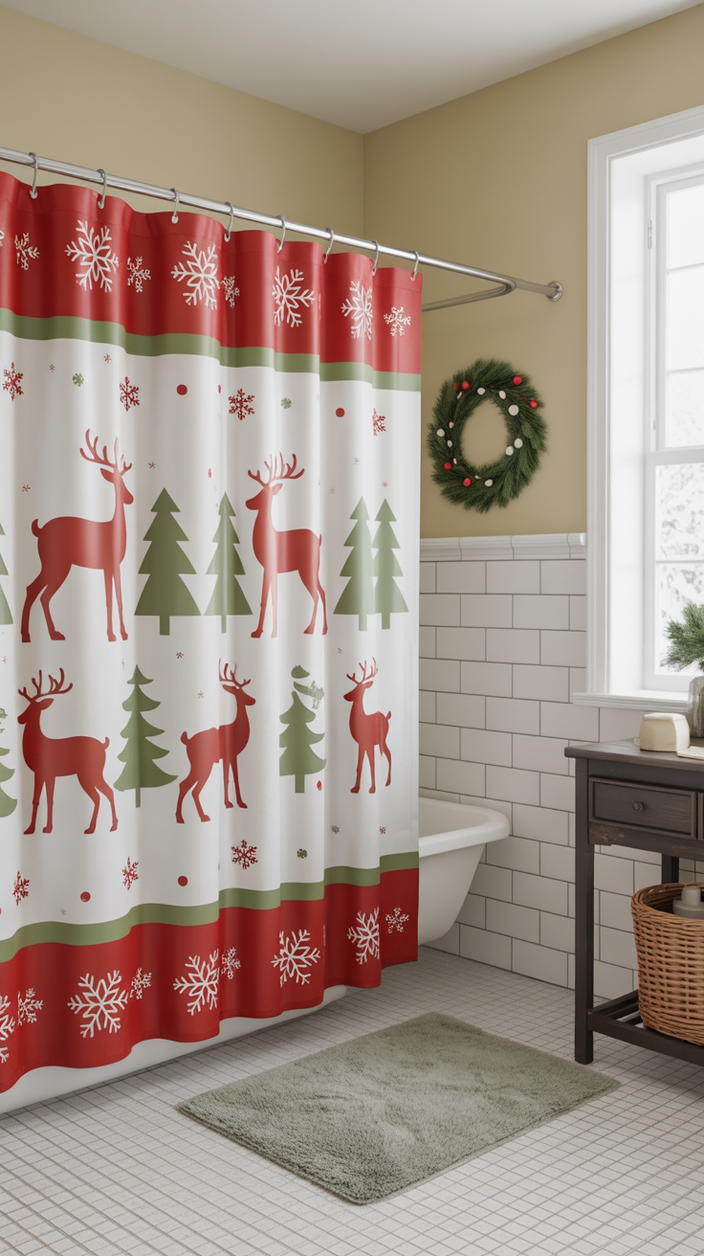 A festive shower curtain featuring reindeer and trees in red and green, with a wreath on the wall.