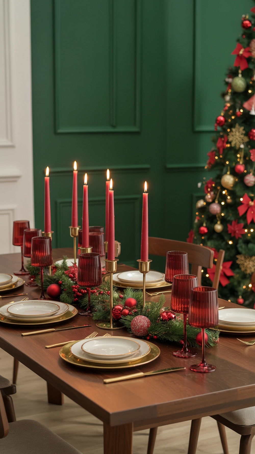 A beautifully decorated Christmas table setting with red candles, glassware, and a green backdrop.