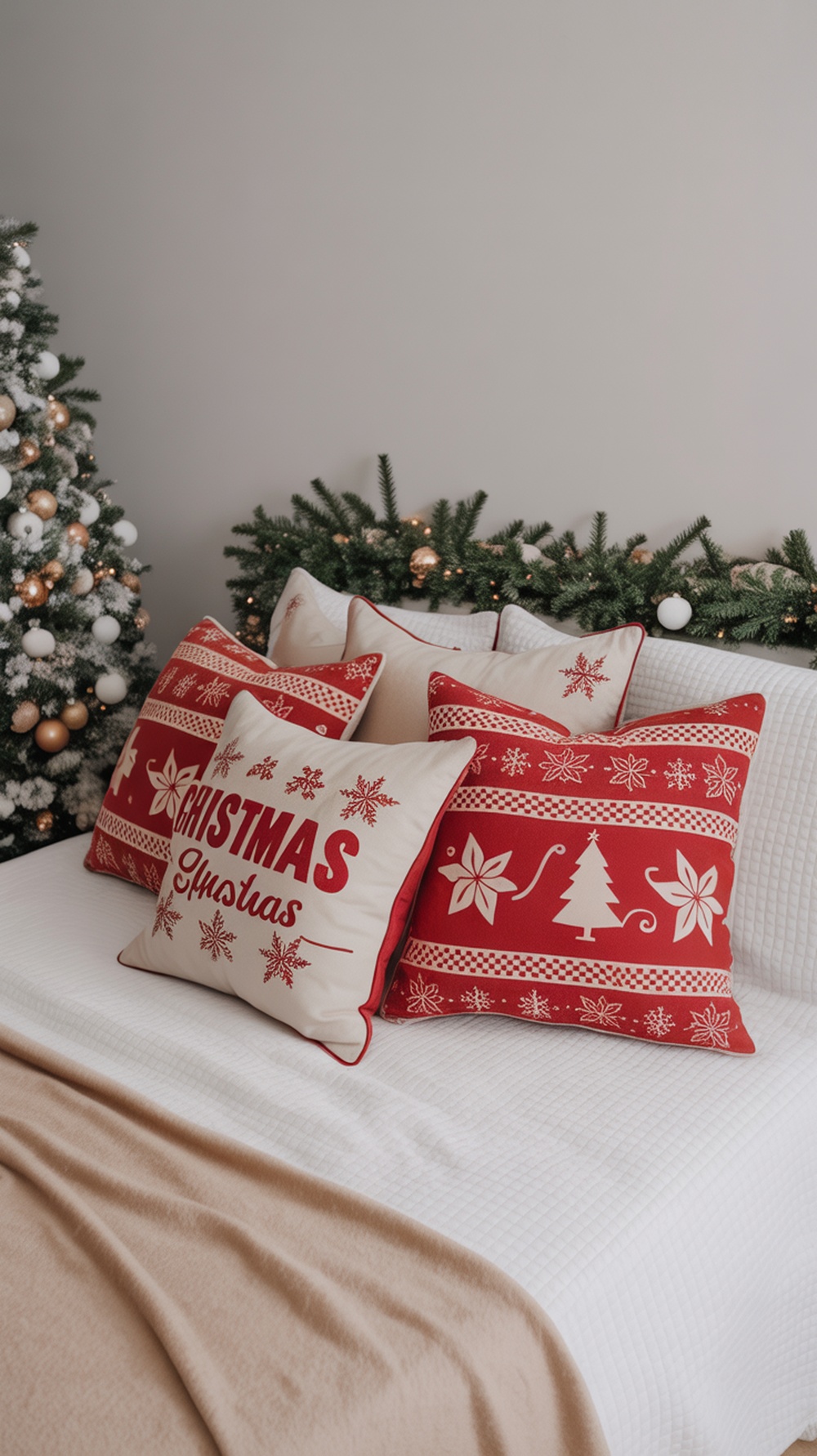 Cozy Christmas decor bedroom with festive throw pillows on a bed