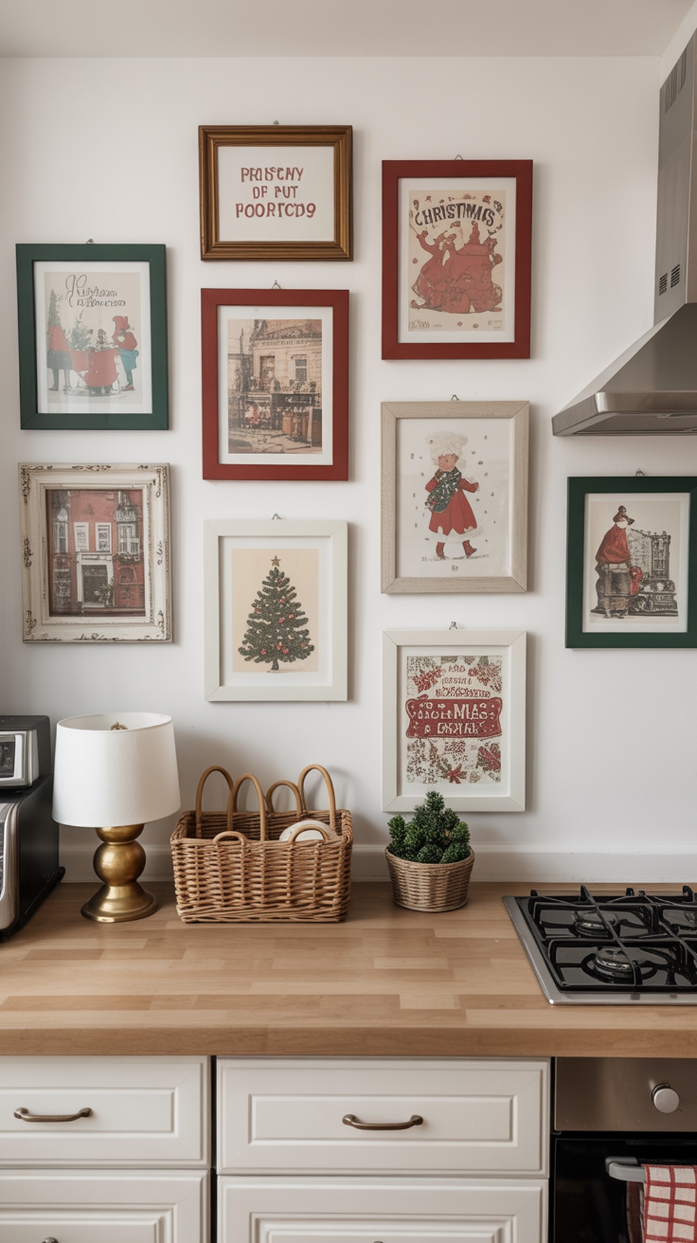 A cozy kitchen wall decorated with various festive Christmas-themed art prints in different frames.
