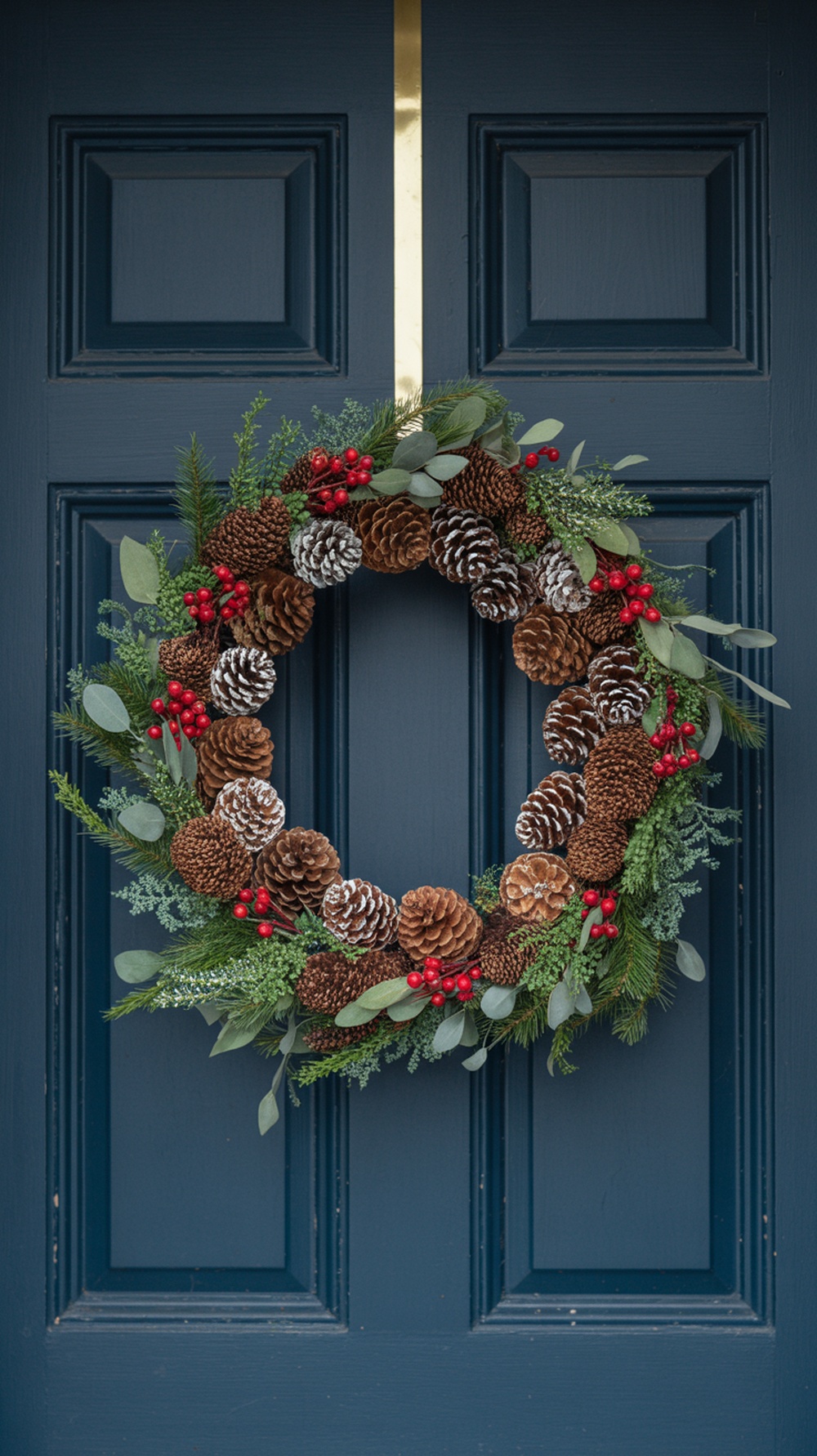 A festive wreath made of pinecones, red berries, and greenery on a blue door.