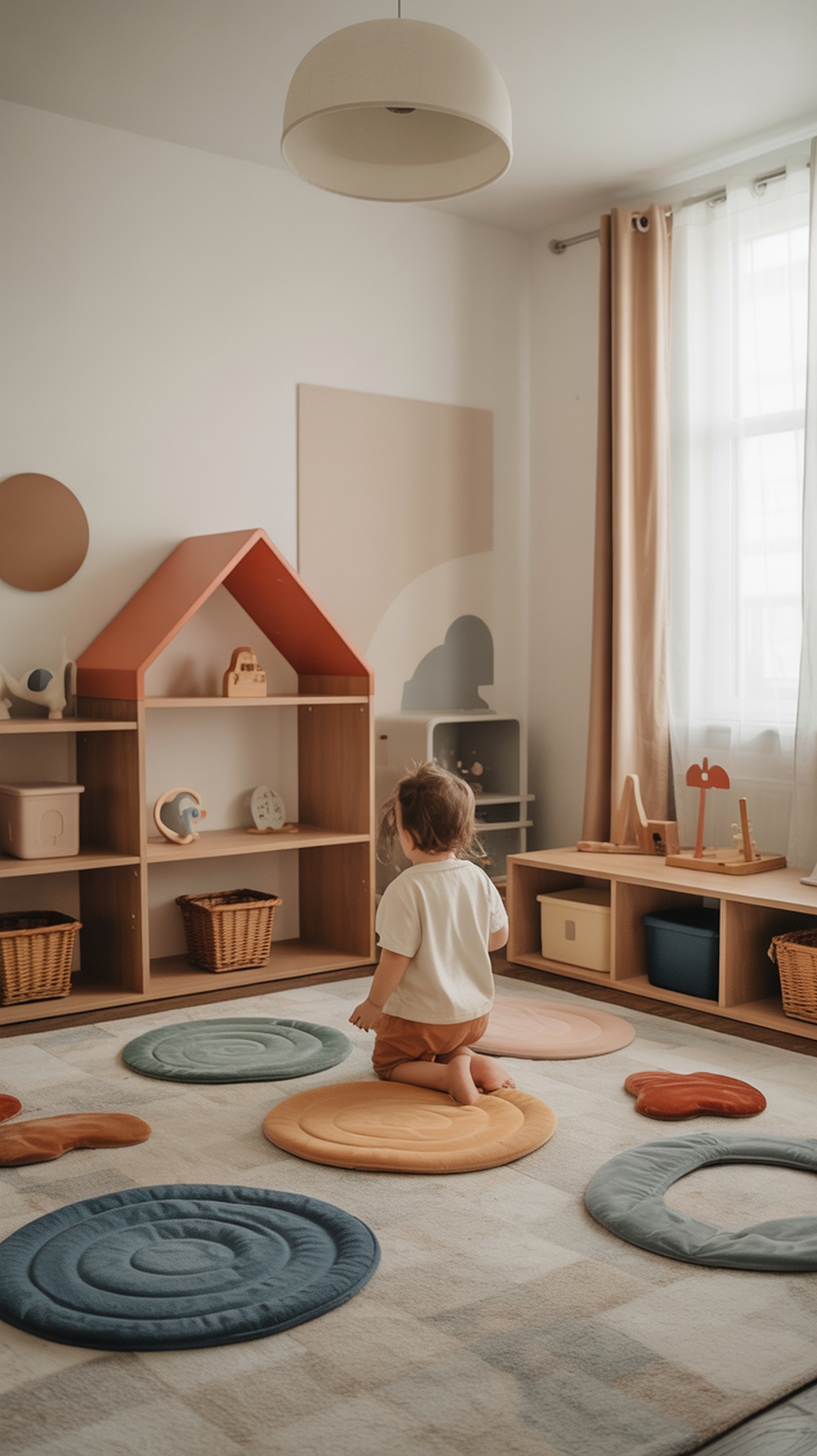 A child playing on colorful mats in a cozy playroom.