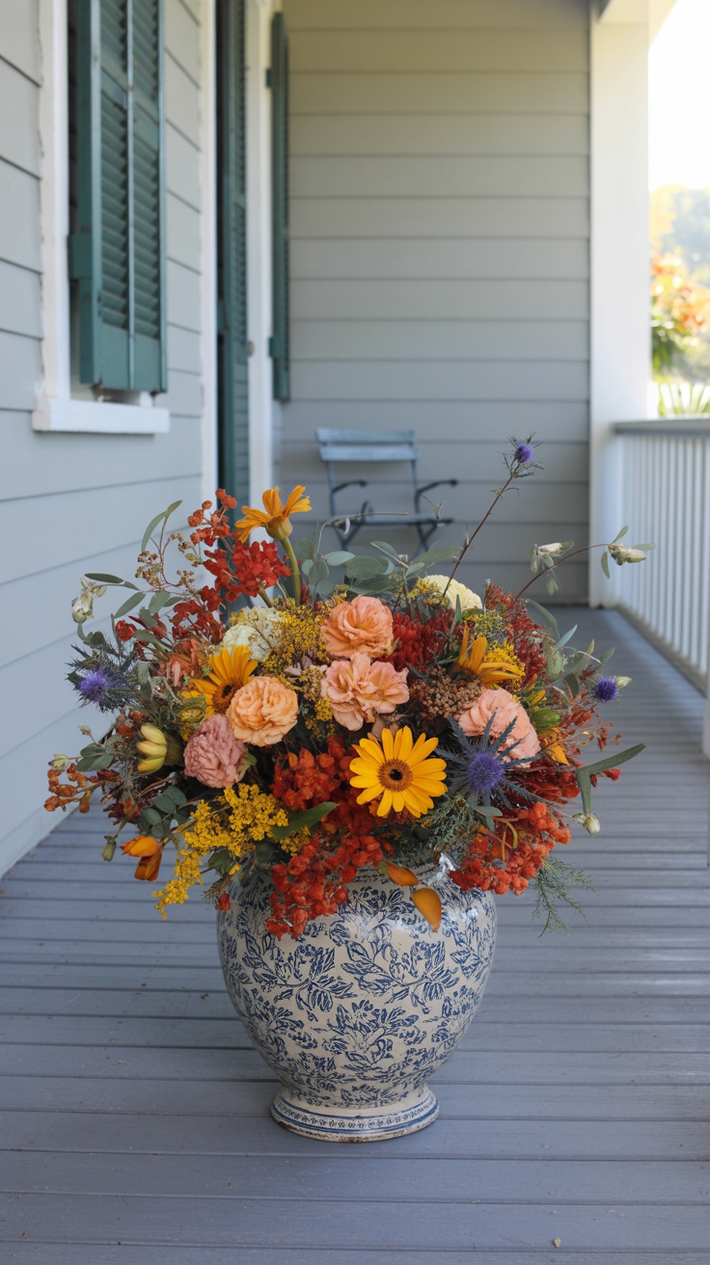 A beautiful floral arrangement with autumn blooms in a blue and white vase on a porch.
