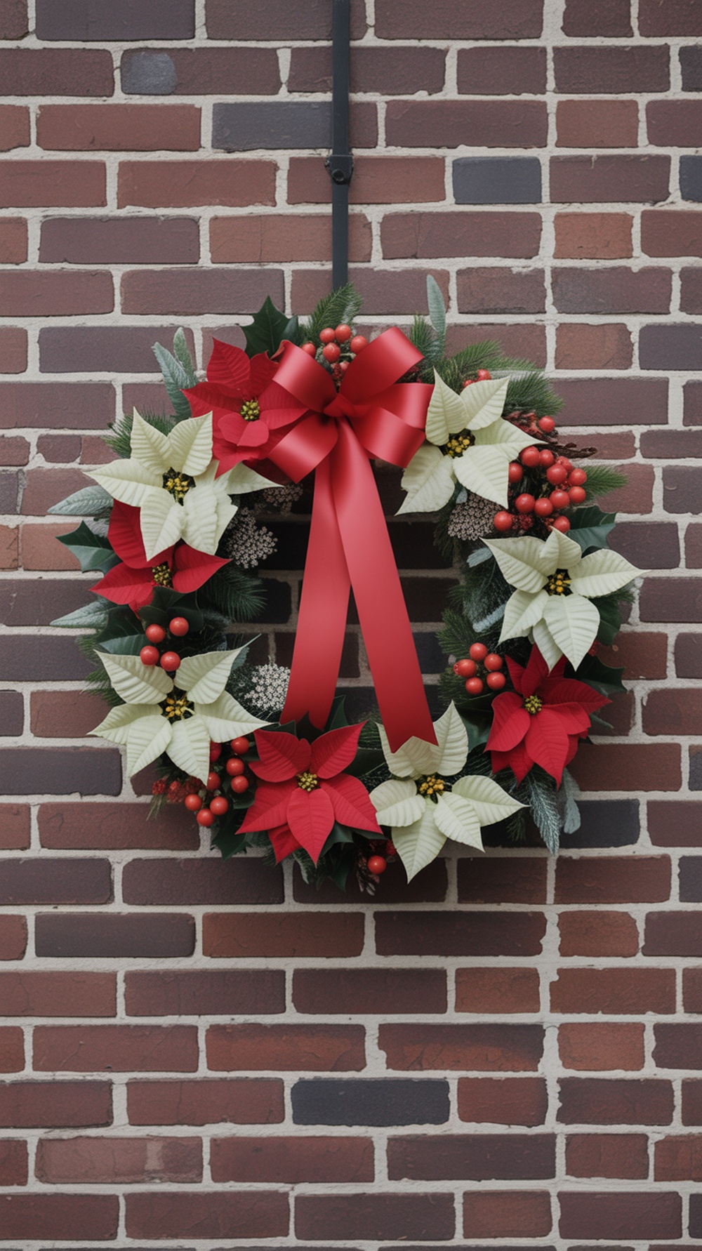 A floral Christmas wreath with red and white poinsettias and a red bow on a brick wall.
