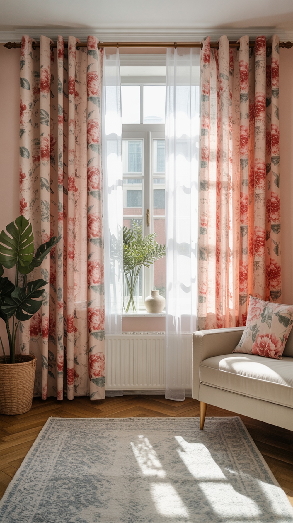 Living room with floral print curtains and a neutral sofa