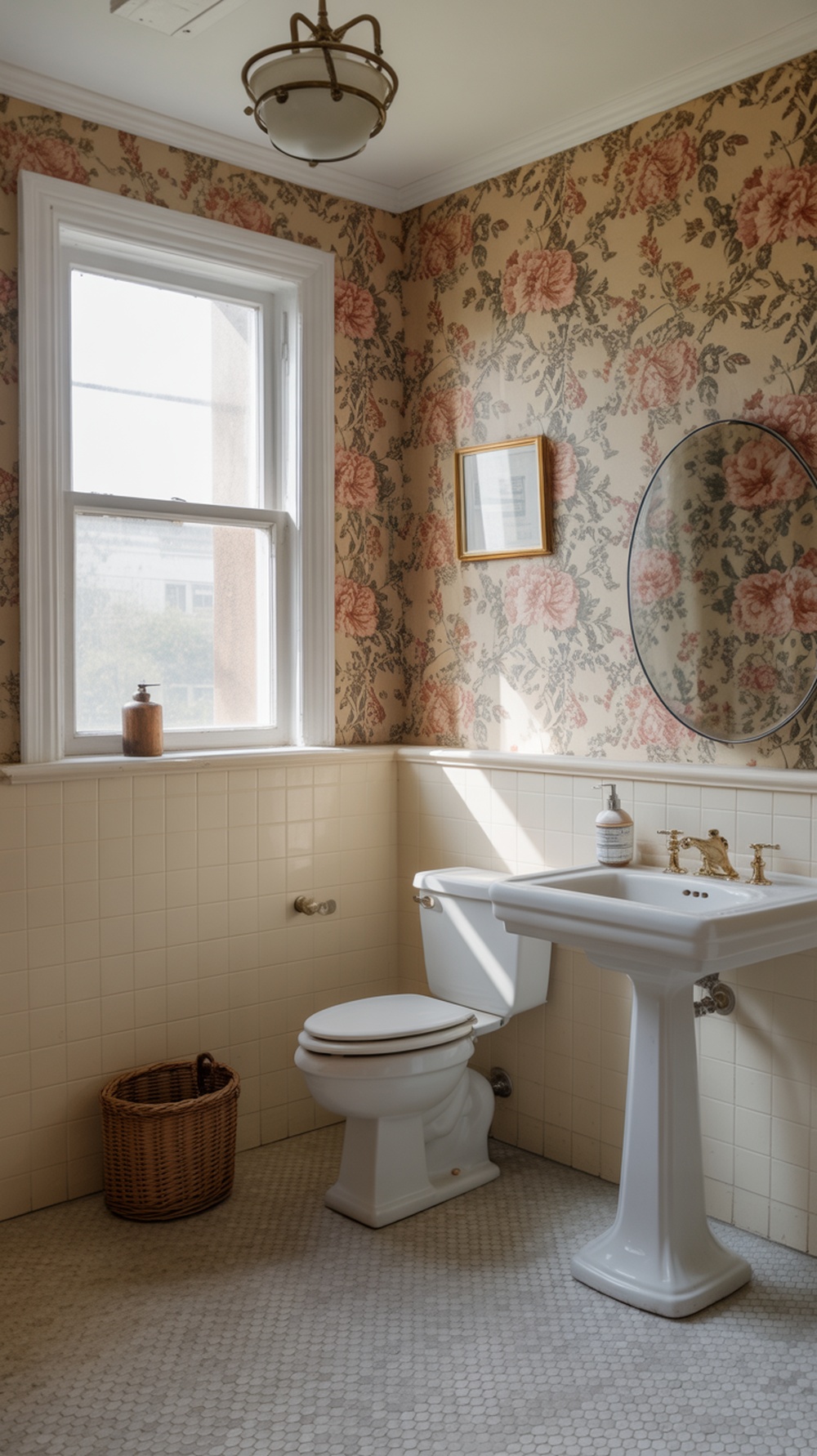 A vintage bathroom featuring floral wallpaper with pink roses, a white sink, and a toilet.