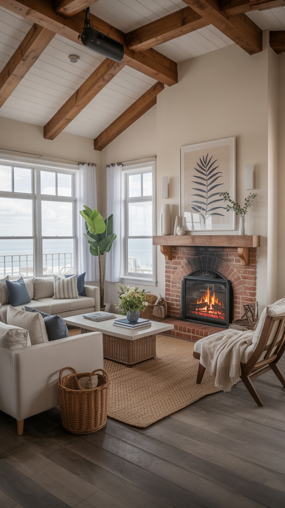 Coastal living room with a fireplace, large windows, and cozy seating.