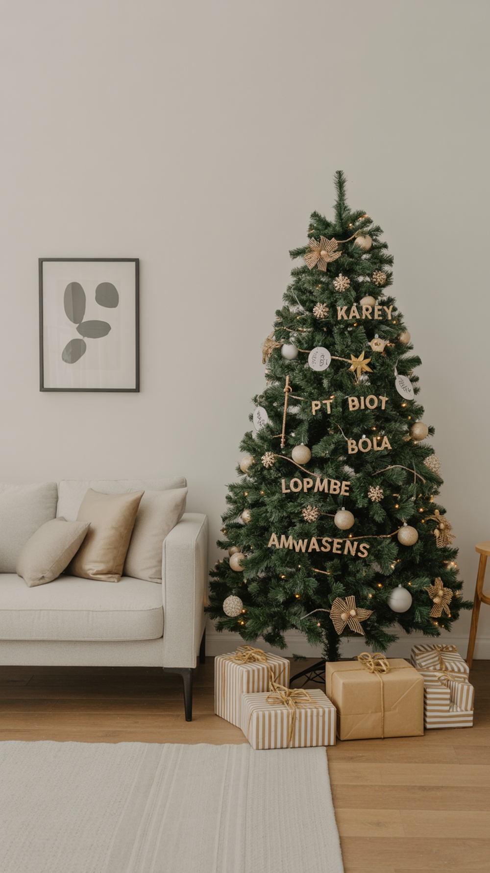 A minimalist Christmas tree with gold ornaments and simple wrapped gifts in a cozy living room setting.