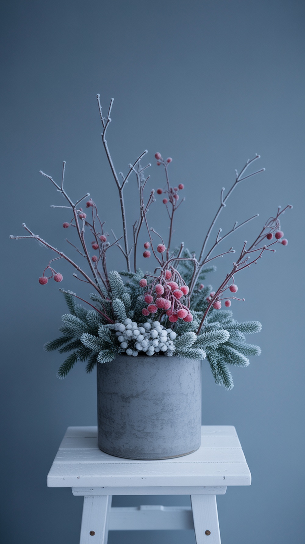 A frosted branch planter arrangement with berries and evergreen accents.