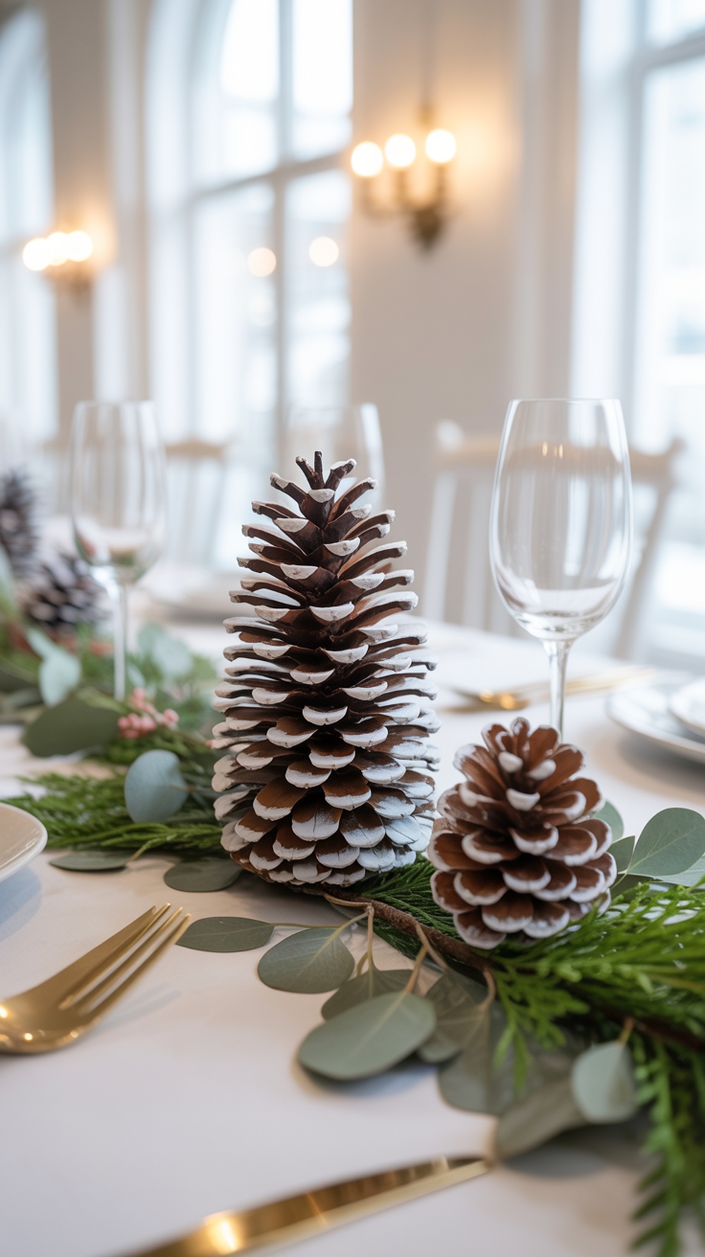 A table set with frosted pinecone centerpieces and greenery, creating a festive holiday atmosphere.