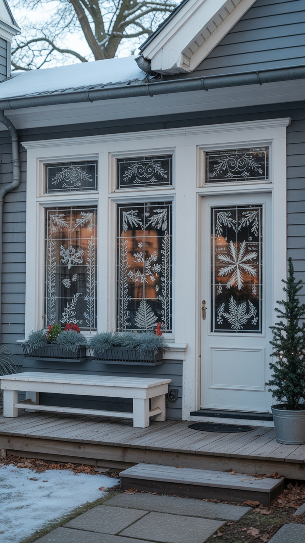 Frosted window panes with holiday scenes on a front porch, featuring a white bench and potted plants.