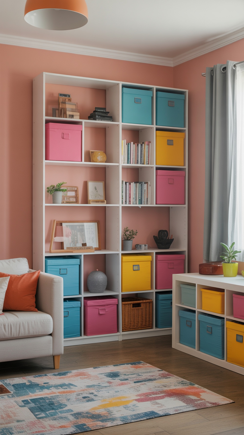 Colorful storage solutions in a stylish living room.