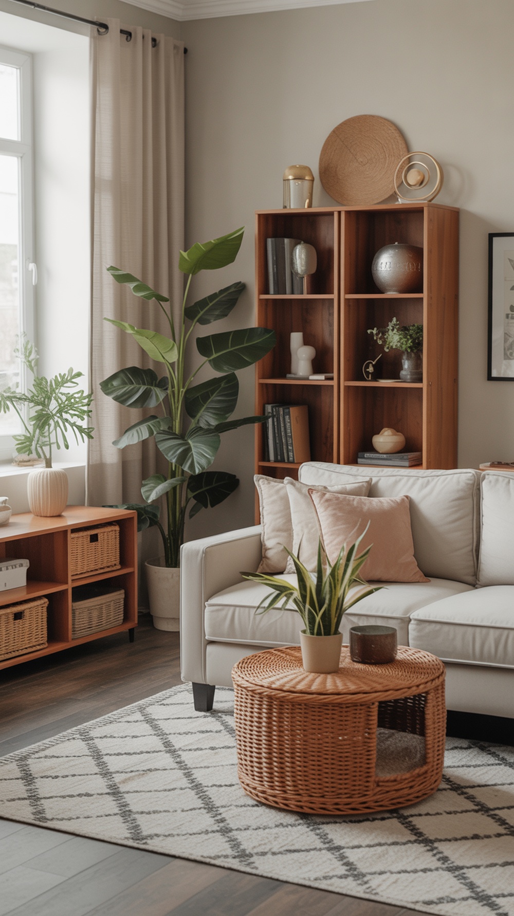 A modern minimalist living room featuring a cozy sofa, a woven coffee table, and decorative bookshelves.